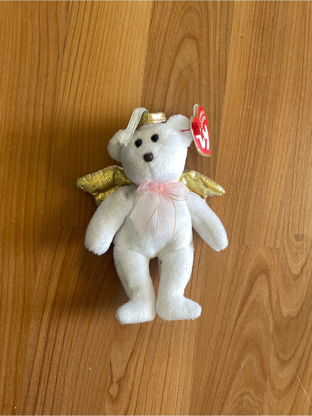 Ty White Halo II Angel Bear with Gold Wings and Pink Ribbon ornament